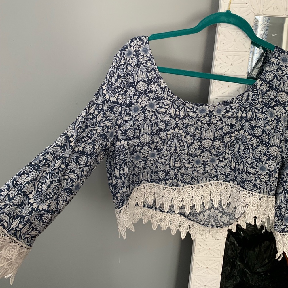 Navy and white flowered crop top.